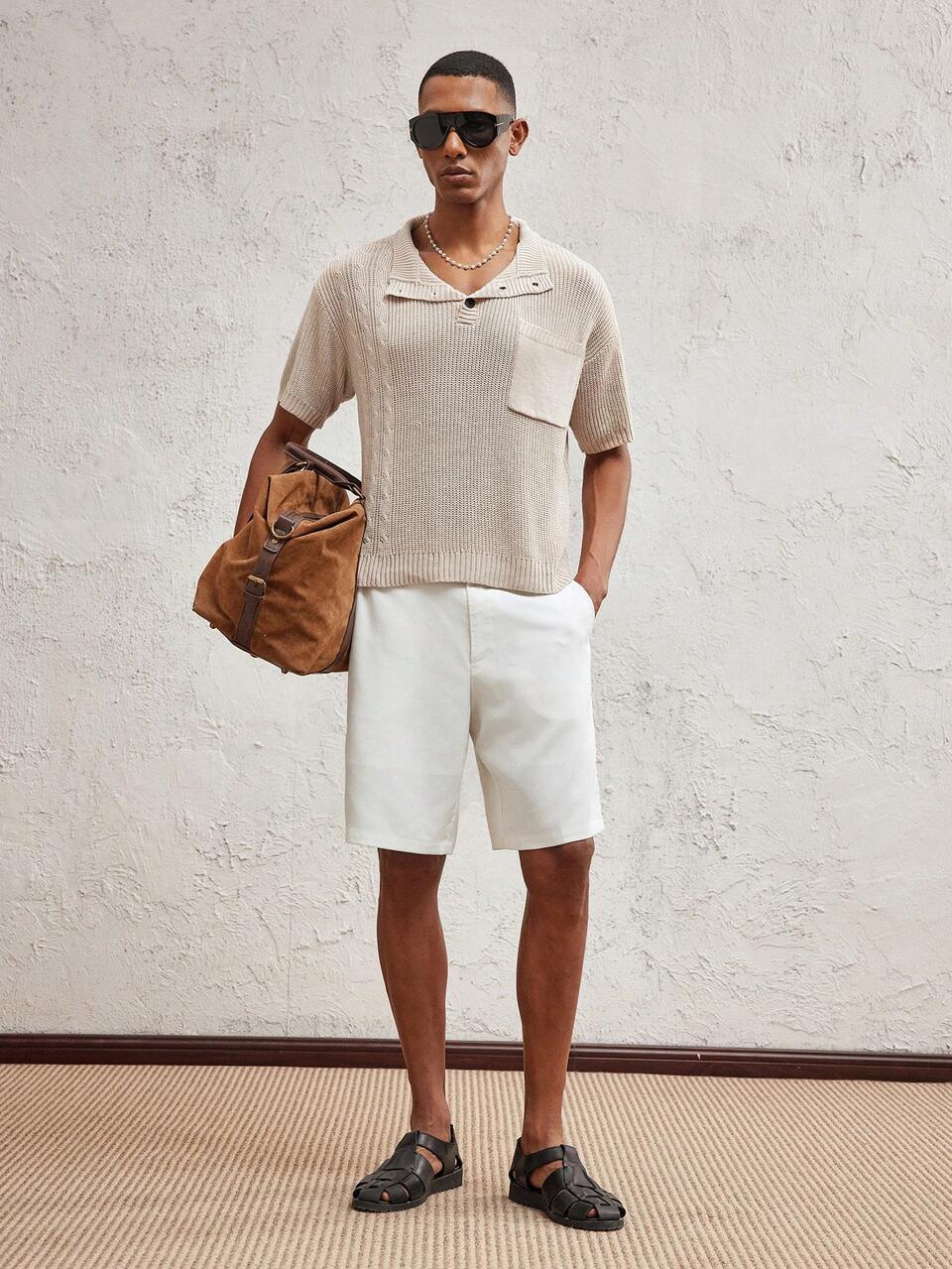 Men's Loose Drop Shoulder Knit Polo Shirt, Casual Wear Suitable For Summer