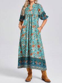 SHEIN LUNE 立领 V 领灯笼袖褶饰高低下摆度假优雅女士长裙带印花