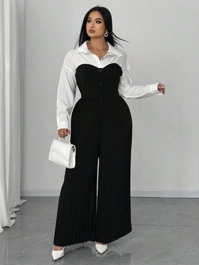 SHEIN Unity بدلة طويلة الأكمام أمامية بأزرار بلون سادة مقاس كبير، كاجوال وبسيطة