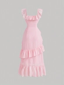 SHEIN MOD Vestito midi con volant rosa, vestito francese, adatto per concerti, top primaverili da donna, abito di Pasqua, outfit da concerto, abiti primaverili da donna - Rosa - Visualizzare 2