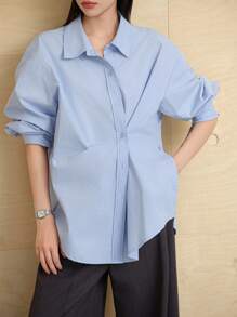 Dazy-Less Minimalist Asymmetric Button Design Solid Color Casual Long Sleeve Women Shirt,Fall Women Clothes Business Casual Woman Work Clothes - Blue - View 2