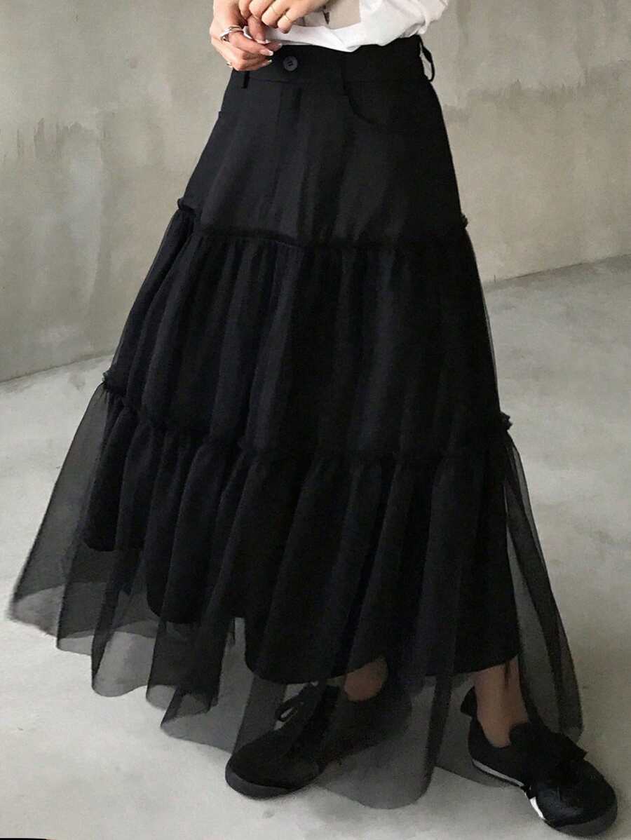 FRIFUL Women's Black Mesh Patchwork A-Line Skirt, Spring Fashion Fall Skirts - Black - View 1