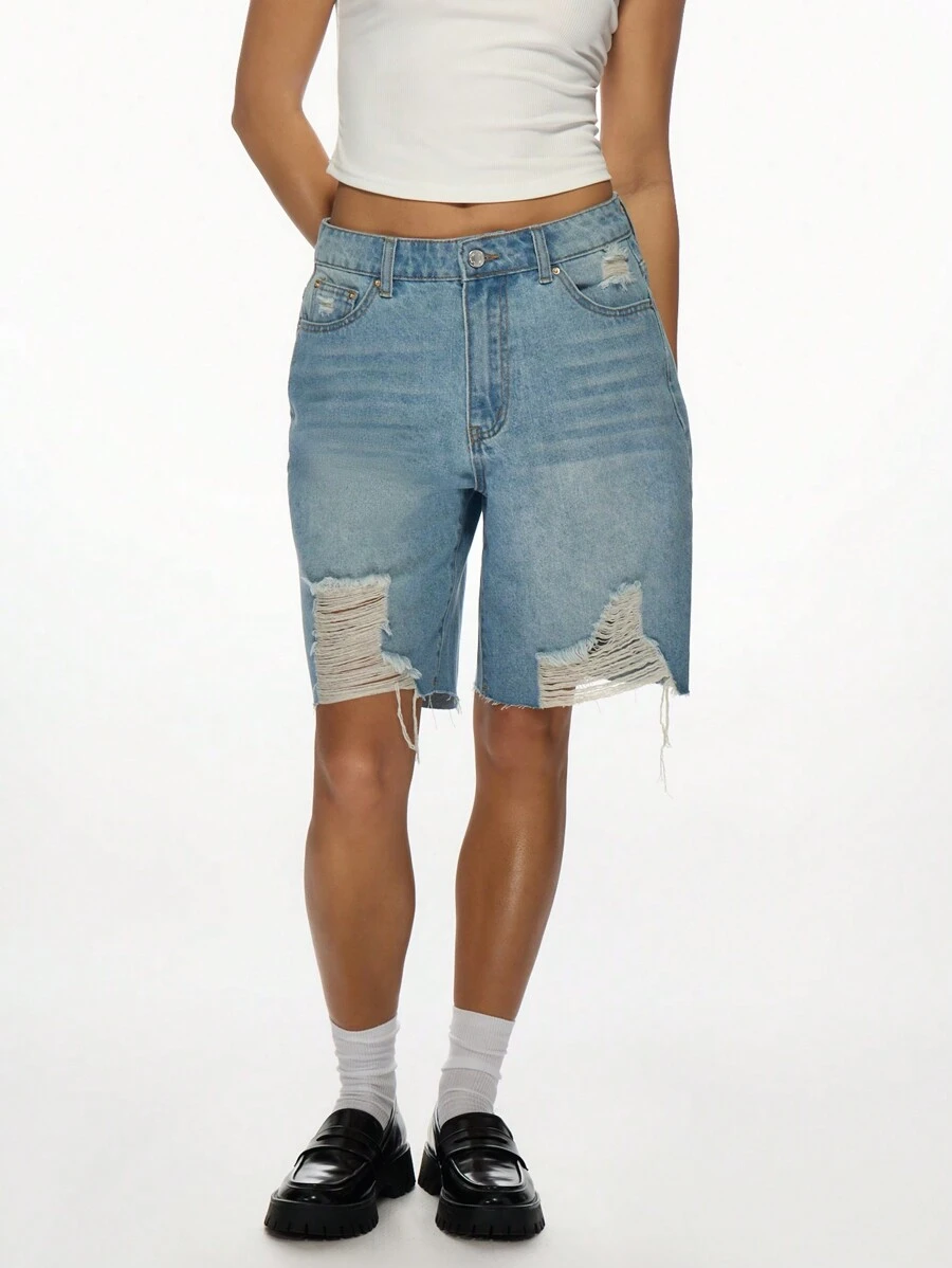 MISSGUIDED High Rise Distressed Knee Length Bermuda Denim Shorts Ripped Raw Hem Summer Casual Street Style Y2K Fashion - Blue - View 1