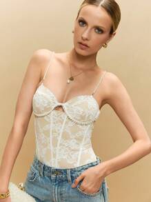 Poéselle Damen Spaghetti-Träger Bodysuit mit Hohldesign, minimalistisch, für Lässig und Urlaub - Weiss - Übersicht 5