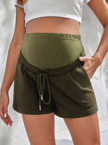 SHEIN 孕妇抽绳腰袋休闲百搭短裤 - 軍綠色 - 查看 1