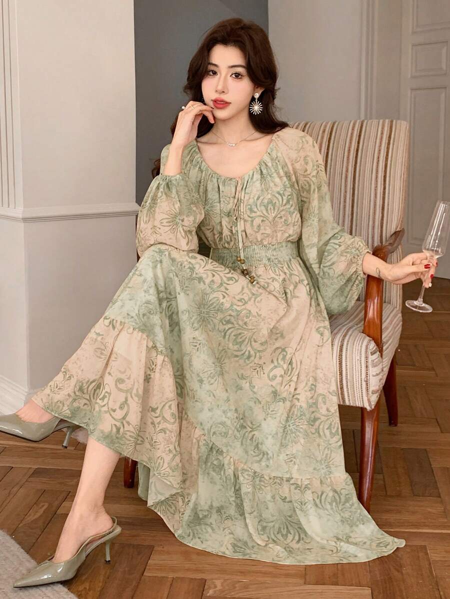 DAZY 系带灯笼袖印花中长连衣裙，适合女性，秋季长袖连衣裙，度假装扮，复活节长款连衣裙 - 薄荷綠 - 查看 1