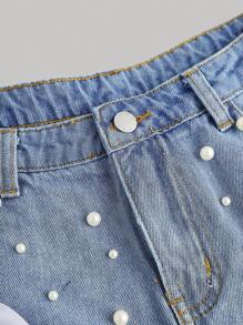 SHEIN Girlism 青少年女孩优雅浅色洗水做旧蝴蝶结牛仔短裤，带口袋插入物、仿珍珠和磨损下摆，适合春夏季度假节日服装