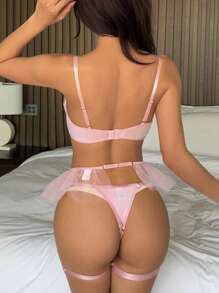 DAZY 女士透明纯色钢丝边蕾丝细节内衣套装 - 粉色 - 查看 2