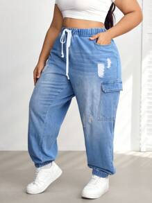 SHEIN CURVE+ Plus Size Women's Drawstring Open Pocket Side Workwear Jeans - Medium Wash - View 7