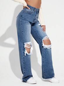 SHEIN EZwear 女士夏季破洞阔腿牛仔裤 - 中等水洗藍 - 查看 5