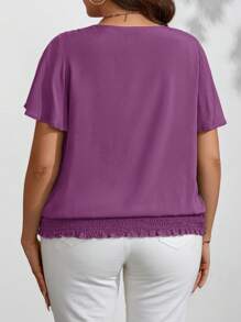 SHEIN LUNE Plus Size Women Floral Hem Elastic Cuff Short Sleeve Round Neck Blouse - Purple - View 2