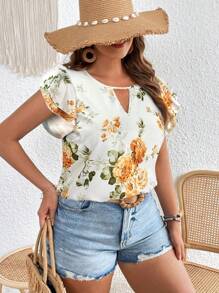 SHEIN VCAY Plus Size Women's Holiday Floral Print Ruffle Sleeve Casual Blouse - Orange - View 5