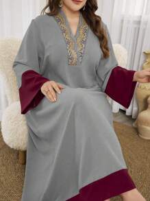 Al Najma Váy cổ tròn thanh lịch màu khối cỡ lớn, váy maxi kaftan khiêm tốn, dành cho tiệc tối/khách dự tiệc cưới/kỷ niệm - Nhiều màu - Xem 1