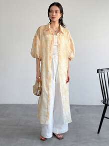 FRIFUL Women's Floral Print Puff Sleeve Oversized Extra Long Shirt Long Sleeve Top - Apricot - View 4