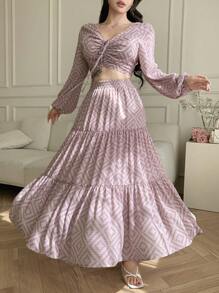 DAZY 2pcs Set Bohemian Style V-Neck Drawstring Blouse And Elastic Waist Mid-Length Skirt