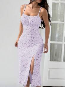SHEIN EZwear Vestido ajustado con abertura lateral, de tirantes de espagueti con estampado floral diminuto morado, ligero, para primavera y verano