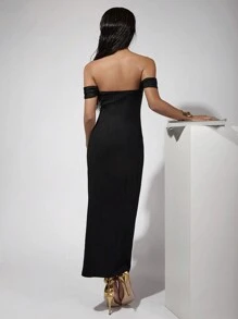 COSMINA Vestido largo elegante de mujer con decoración floral y hombros descubiertos