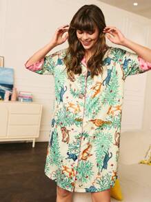 Chillnights 女士翻领短袖单排扣休闲动物图案睡袍 - 彩色 - 查看 4