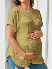 SHEIN Maternity Round Neck Short Sleeve Long Loose T-Shirt, Suitable For Casual Wear In Summer - Mustard Yellow - View 3
