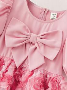 SHEIN Gaun Pesta Anak Perempuan Motif Bunga Mawar 3D dengan Pita Besar dan Renda Warna Pink, Cocok untuk Acara Khusus dan Pernikahan. - Berwarna merah muda - View 6