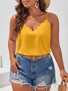SHEIN Frenchy Plus Size Solid Color Spaghetti Strap Casual Shell Trim Tank Top - Yellow - View 1