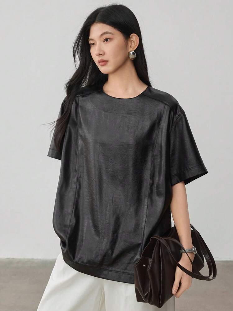 Casual & Formal Loose Minimalist PU Short Sleeve Round Neck Women T-Shirt, Teacher Business Casual Woman