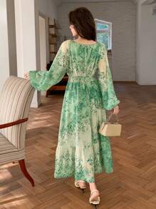 DAZY Tie-Up Lantern Sleeve Floral Printed Mid-Length Dress For Women