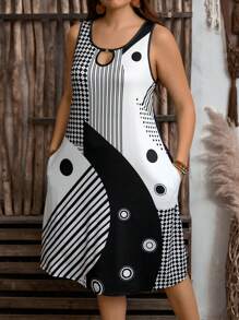 EMERY ROSE Plus Size Women Striped Keyhole Neck Tank Dress Spring Outfits For Women Vacation Country