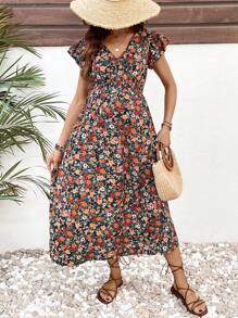 SHEIN Maternity Floral All-Over Print V-Neck Casual Dress - Green - View 4