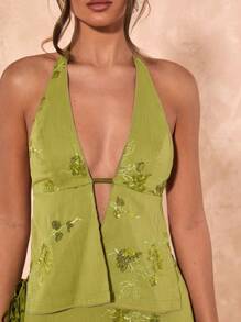 SHEIN BAE Áo tank top cổ yếm ôm sát tối giản dành cho nữ mùa xuân và hè, trang phục thường ngày đi nghỉ mát/đi biển. - màu xanh lá - Xem 4