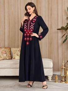 Al Najma 女士几何刺绣 V 领长袖阿拉伯连衣裙，朴素的卡夫坦