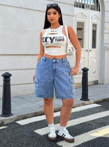 SHEIN EZwear 大码破洞阔腿牛仔短裤