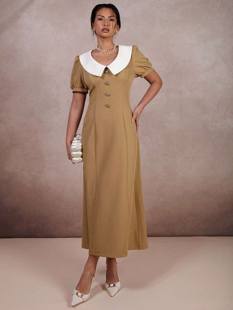 COSMINA Women's Colorblock Peter Pan Collar Puff Sleeve Dress - Brown - View 1