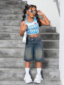 SHEIN Quần short Bermuda denim màu xanh dương dáng rộng, cạp chun bất đối xứng, phong cách Y2K thời thượng dành cho bé gái tuổi teen, thích hợp cho phong cách đường phố. - Rửa trung bình - Xem 3
