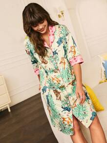 Chillnights 女士翻领短袖单排扣休闲动物图案睡袍 - 彩色 - 查看 6