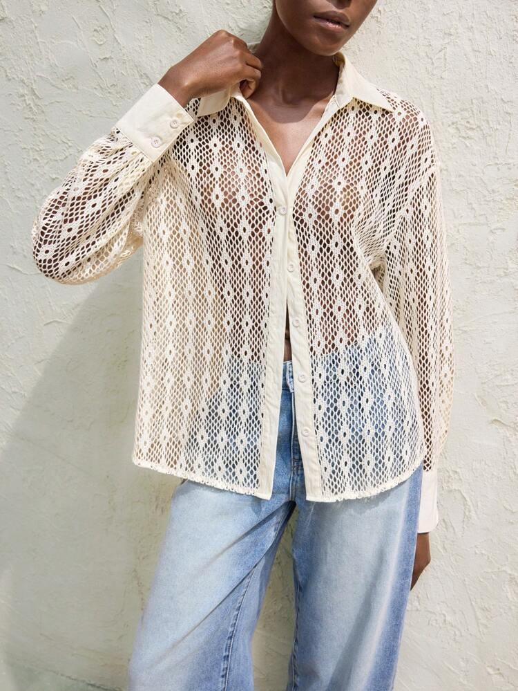 SHEIN Maija Women's Solid Color Front Button Long Sleeve Casual Sheer Shirt Festival Bohemian