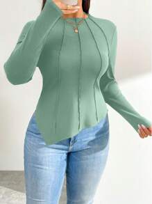 SHEIN Essnce Plus Size Asymmetrical Hem Long Sleeve Mock Neck Fitted T-Shirt - Mint Green - View 1