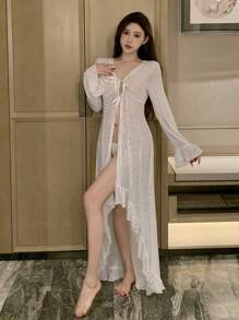 DAZY Romantic Heart Sequins Decoration Sheer Short Front Long Back Ruffle Trim Tie Waist Sleepwear Robe For Women Pajama - White - View 6