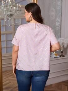 SHEIN Privé Plus Size Elegant Commuting Workwear Sophisticated Vacation Afternoon Tea Slightly Sexy Dating Concert Party INS Fashionable Retro College Beach Photography Style Elegant Contrast Collar Loose Metal Button Small V-Neck Foil Print Light Apricot Plus Size Summer Short Sleeve Shirt, Office Attire