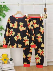 Tween Girl Bear Print Long Sleeve Round Neck Casual Top And Pants Pajama Set, For Christmas