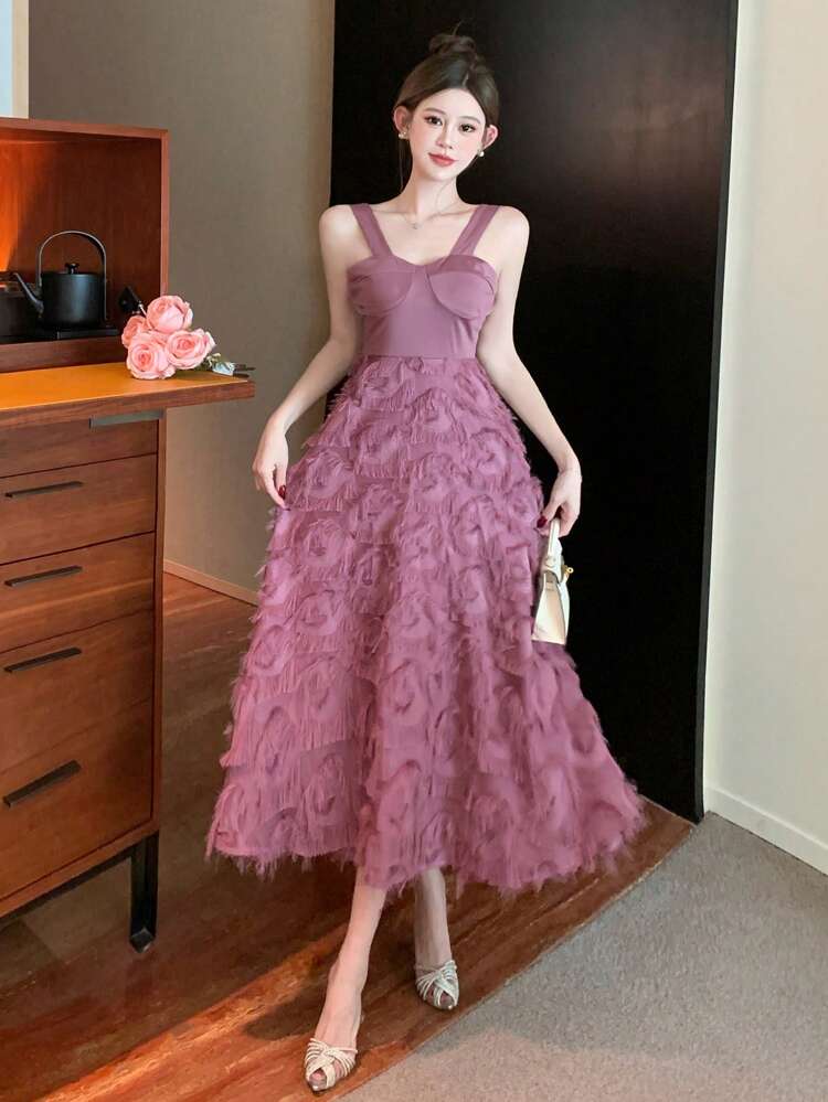 Women's Plain Color Fringe Wide Strap Casual Long Dress Prom Dress Sundress, Formal Women Dresses Elegant Women Dress