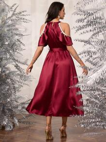 Modelyn Women Elegant Round Neck Off Shoulder Sleeve Splice Decor Belted Waist Dress - Red - View 2