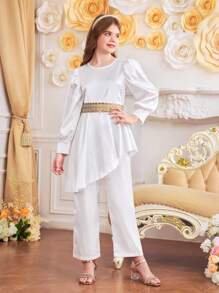 SHEIN Tween Girls Satin Material Jumpsuit With Golden Lace Belt, Elegant Luxury Fashion - White - View 5
