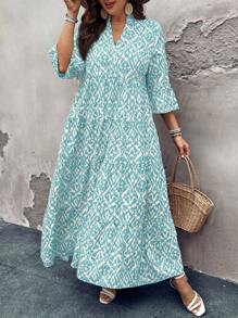 SHEIN LUNE Váy đi nghỉ tay loe in hoa cổ chữ V cỡ lớn cho nữ - Màu xanh bạc hà - Xem 3