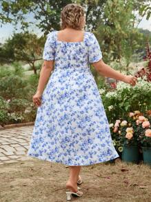 SHEIN VCAY Plus Size Floral Print Lantern Sleeve Square Neck Vacation Dress Sun Dresses Summer Outfits Beach Outfits For Woman Graduation Outfit Brunch Outfits For Women St Patrick Spring Break Rave Outfits Festival Elegant Vacation Outfits Woman Casau Western Cute Boho  Floral Beach Spring Clothes Brunch Outfits For Women Old Money Tropical Vacation Woman Clothes
