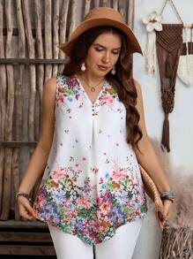 EMERY ROSE Blus Kasual Tanpa Lengan Motif Bunga dengan Kancing Depan untuk Wanita Ukuran Besar, Cocok untuk Musim Panas, Pakaian Gaya Country Western, Atasan Tunik, Bunga, Liburan, Musim Semi - MultiWarna - View 7