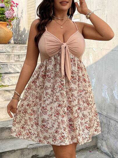 SHEIN VCAY Plus Size Women Vacation Casual Ditsy Floral Tie Front Slip Dress, Beach Dress, Summer Outfits For Women, Graphic Outfits Women, Concert Outfit Women, Rave Outfits Festival,Beach Dress Sundress,Holiday Outfits Boho