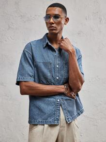 AKNOTIC Business Casual Men Loose Fit Letter Embossed Middle Sleeve Casual Denim Jacket, Suitable For Summer - Blue - View 4