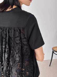 FRIFUL Women's Lace Patchwork T-Shirt With Back Design, Summer Wear Carnival - Black - View 6