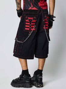 ROMWE MEN Grunge Punk Men's Punk Striped Cargo Pocket Wide Leg 3/4 Jeans Pants - Black - View 6